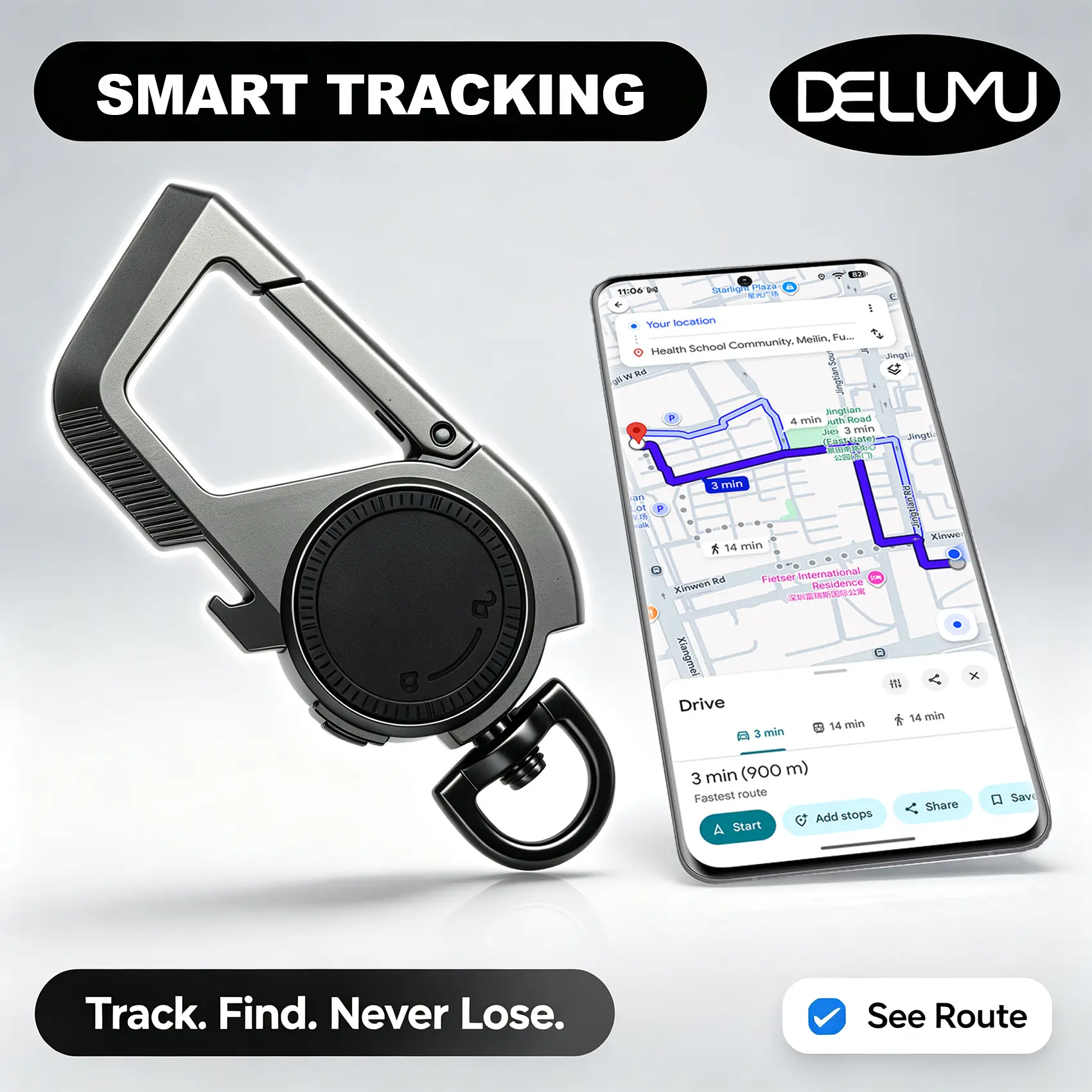 DELUMU Bluetooth Keychain Tracker (Android Only) - Men's Accessories, Replaceable Battery, Google Find Hub Compatible, Heavy Duty Metal Carabiner, Waterproof Anti-Lost Tag with Alarm Reminder & Left-Behind Alert, Item Finder for Cars/Keys, Anti-Lost Keyri