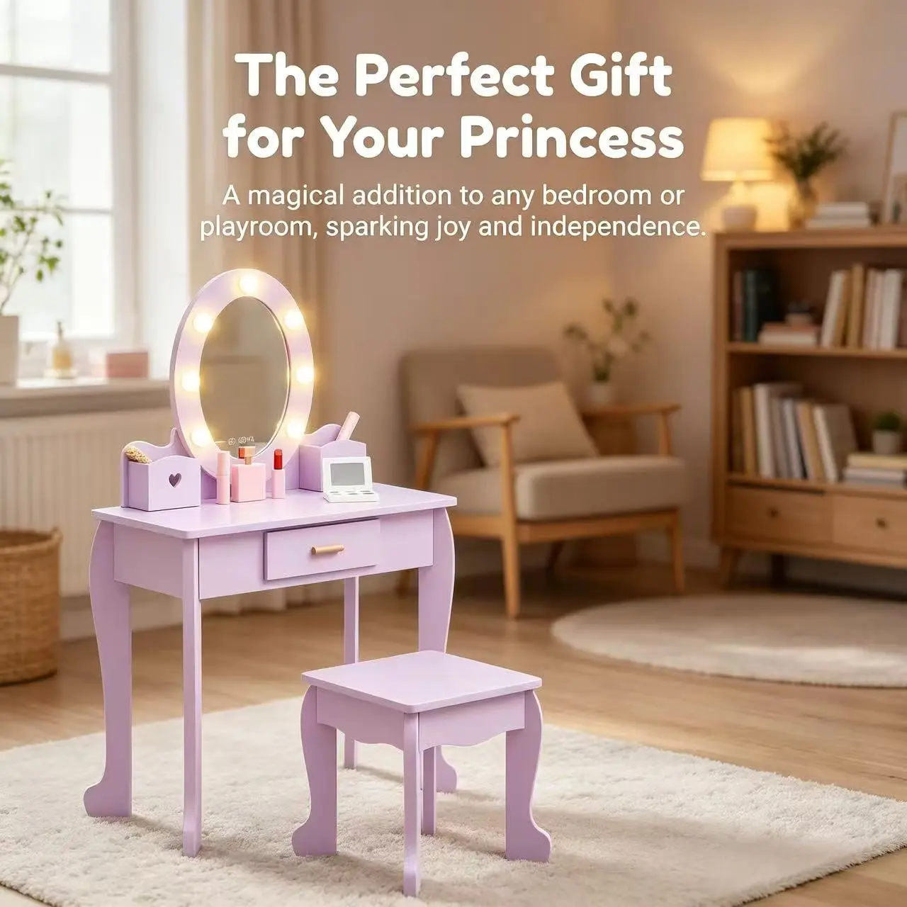 LH-Garvee Kids Vanity Makeup Cabinet with Smooth Surface Safe Design for Children Daily Use，Children's Vanity Set with Illuminated Mirror Wooden Makeup Playset Table (37"H)x 23.6"L x 11.8"W)and Chair for Ages 4-9 in Pink Safe Durable MDF Material ASTM