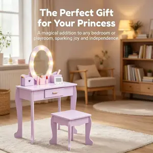 LH-Garvee Kids Vanity Makeup Cabinet with Smooth Surface Safe Design for Children Daily Use，Children's Vanity Set with Illuminated Mirror Wooden Makeup Playset Table (37"H)x 23.6"L x 11.8"W)and Chair for Ages 4-9 in Pink Safe Durable MDF Material ASTM