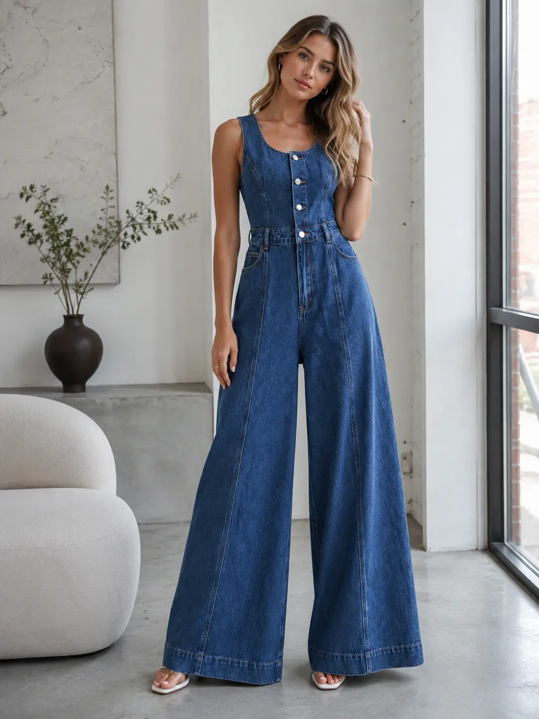 Women's Elengatine Vintage Cotton Sleeveless Denim Jumpsuit - High Waisted Wide Leg Overalls, Sexy Scoop Neck Button-Up, Cinched Waist Figure-Shaping, Seam Detail, Comfort Stretch Blue Style, Chic Streetwear for Women