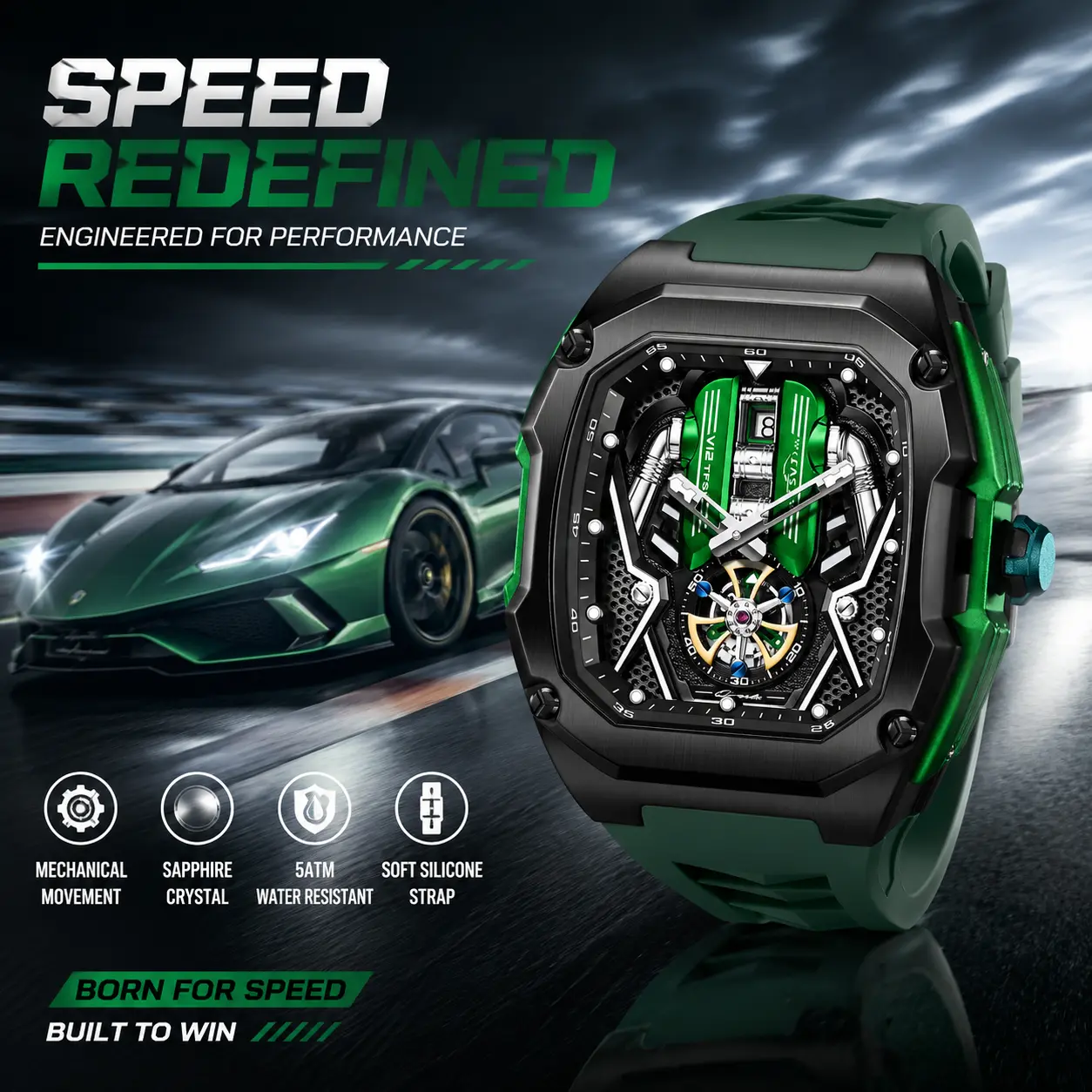 LILUOKE Men's Watches - V12 Engine-Inspired Tonneau Skeleton Watch with Rubber Strap, Large Luminous Dial & Quartz Movement, Cool Gifts for Guys, Skeleton Face, Engine-Inspired Tonneau-Shaped, Large Dial, Free Gift Box For Gifting