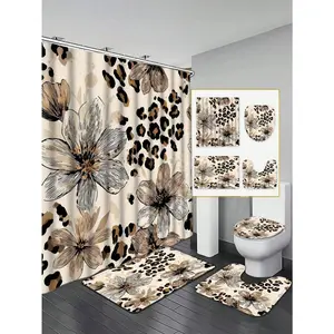 Floral Leopard Print Shower Curtain, Cream Botanical Bathroom Decor, Waterproof Polyester Bath Curtain with 12 Hooks