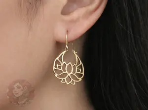 Lotus Flower Golden Brass Earrings Suitable for Standard Piercing and Stretched Ears