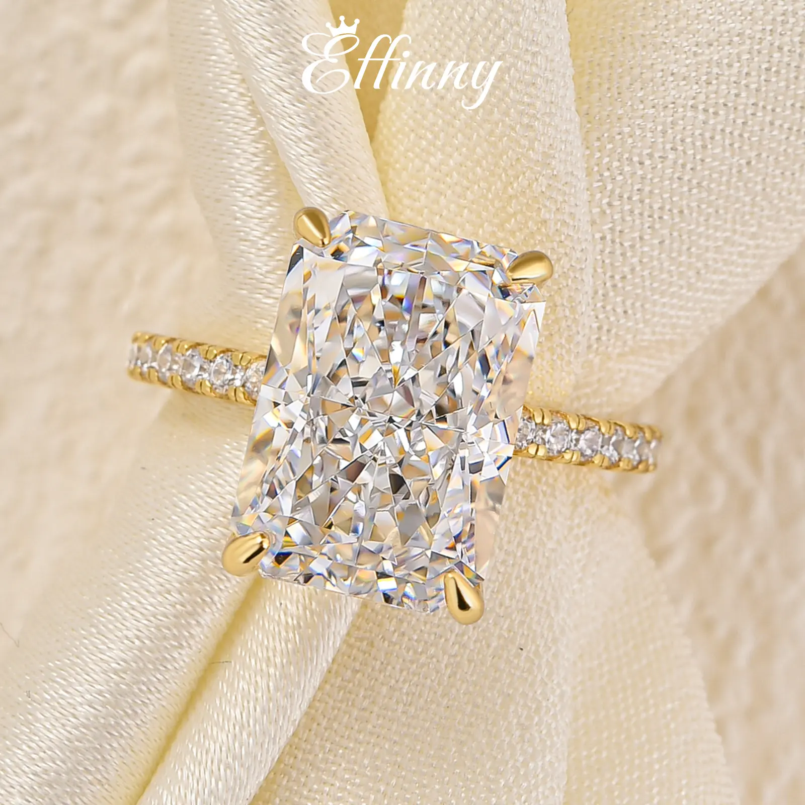 Effinny 14K Gold Plated 7.0ct Elongated Radiant Cut 925 Sterling Silver Engagement Ring, CZ Fashion Luxury Promise Ring with Half Eternity Wedding Band for Party, Travel