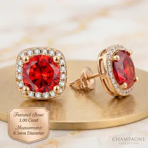 【2026 TREND ALERT】Champagne Gold 1CT Red Moissanite Studs | Cushion Halo Earrings for Women | Jewelry Gift w/ Authenticity Certificate