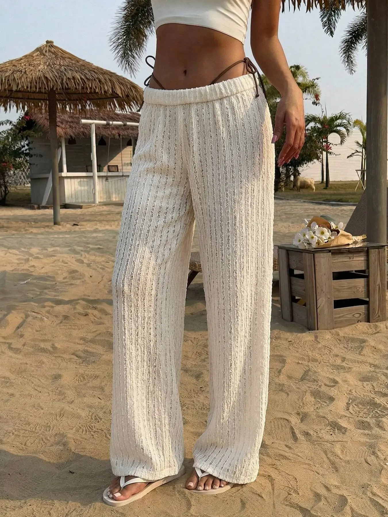 Women Crochet Bohemian Boho Wide Leg Bottom Pants High Waisted Elastic Waist Knit Trousers Lightweight Breathable Beach Cover Up Pants Casual Everyday Summer Vacation Lounge Pants White Boho Palazzo Pants
