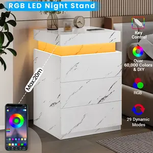 Sikaic Nightstand with LED Lights Charging Station White Marble
