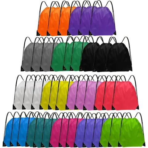 Drawstring Backpack Bulk - 42 Pcs Nylon Fitness Bags, 14 Colors, Easy to Carry Men's Gym & Camping Sacks, DIY Image Printed Adaptable Party Bags