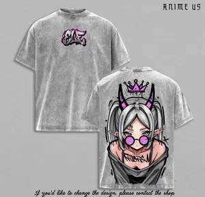 Frieren Streetwear Vintage Washed Anime T-Shirt | Demon Elf Girl Purple Crown Graphic Tee | Oversized Retro Shirt | Heavy Cotton Grunge Gift for Frieren Fans