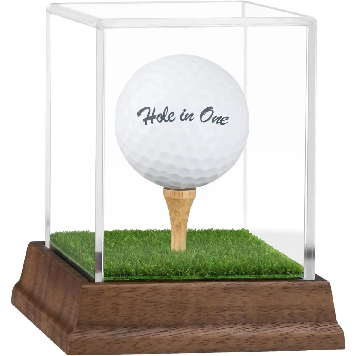 Golf Ball Display Case-Wood Base, Acrylic Holder with Lifelike Turf, Wood Tee - Memorabilia Showcase, Square Cube Box Stand - Golf Gifts Decor