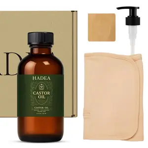 HADEA Organic Castor Oil Pack Kit – 8oz Dark Glass Bottle, Stomach Wrap, 30 Belly Button Patches, Handkerchief & Gift Box