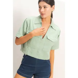 Collared V-Neck Top - Sage