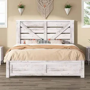Farmhouse Platform Bed Frame With 49.2" Barn Door Headboard, Wood Slats, Under-Bed Storage, Easy Assembly, No Noise, Distressed Finish Primed "T" Style DIY