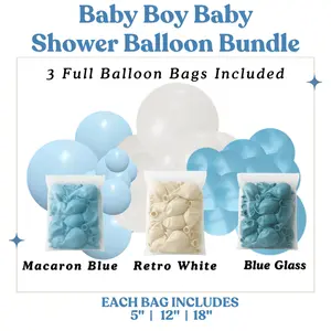 Baby Boy Baby Shower Balloon Bundle -  Macaron Blue, Retro White, Blue Glass - Sizes 5"- 12"- 18" - Perfect for Festive Decorations