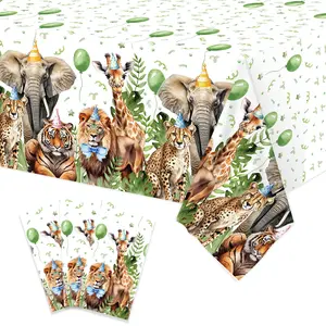 Safari Jungle Plastic Tablecloth for Birthday Baby Shower Decorations - 3 Pack 54'' x 108'' Zoo Safari Animal Birthday Party Supplies Wild Creatures Printed Rectangular Disposable Table Cover
