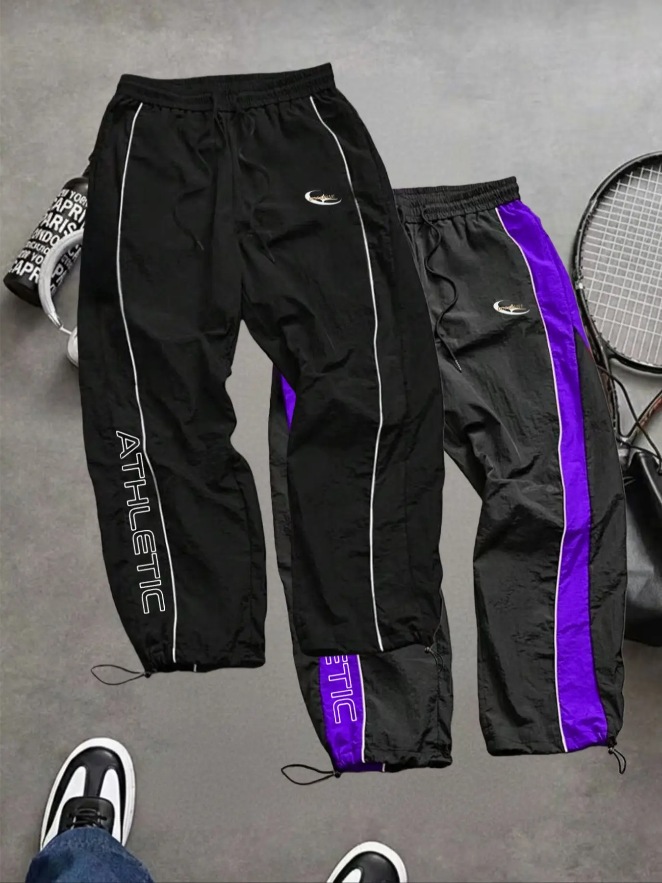 Men's Fashion Casual Sportswear Pants, Unique Print, Taslon Fabric, Lightweight Breathable, Side Stripes, Drawstring Waist, Adjustable Elastic Cuffs, Athletic Running Pants