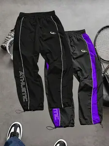 Men's Fashion Casual Sports Pants, Unique Print, Taslon Fabric, Lightweight Breathable, Side Stripes, Drawstring Waist, Adjustable Elastic Cuffs, Athletic Running Pants