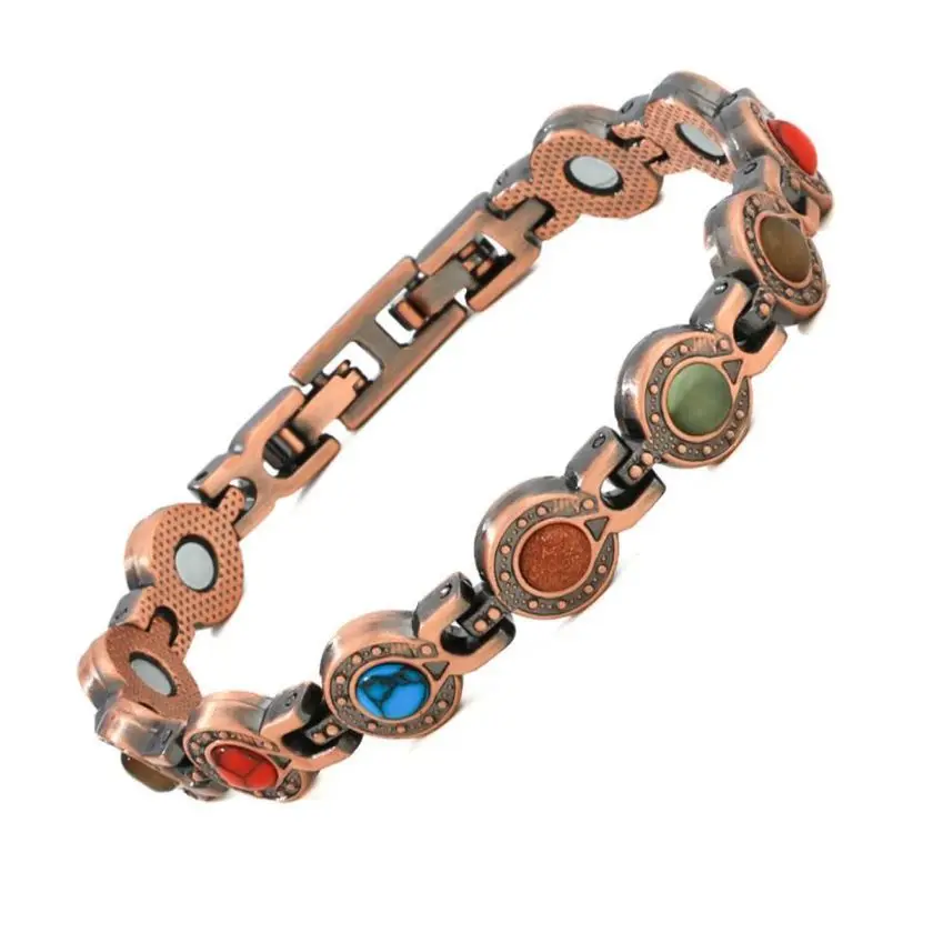 Vintage Red Copper Magnetic Bracelet, Multicolor Natural Stone Therapy Energy Link Bracelet for Women