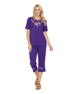 Women's Short Sleeve Embroidered Blouse and Matching Capri Set Purple WS16