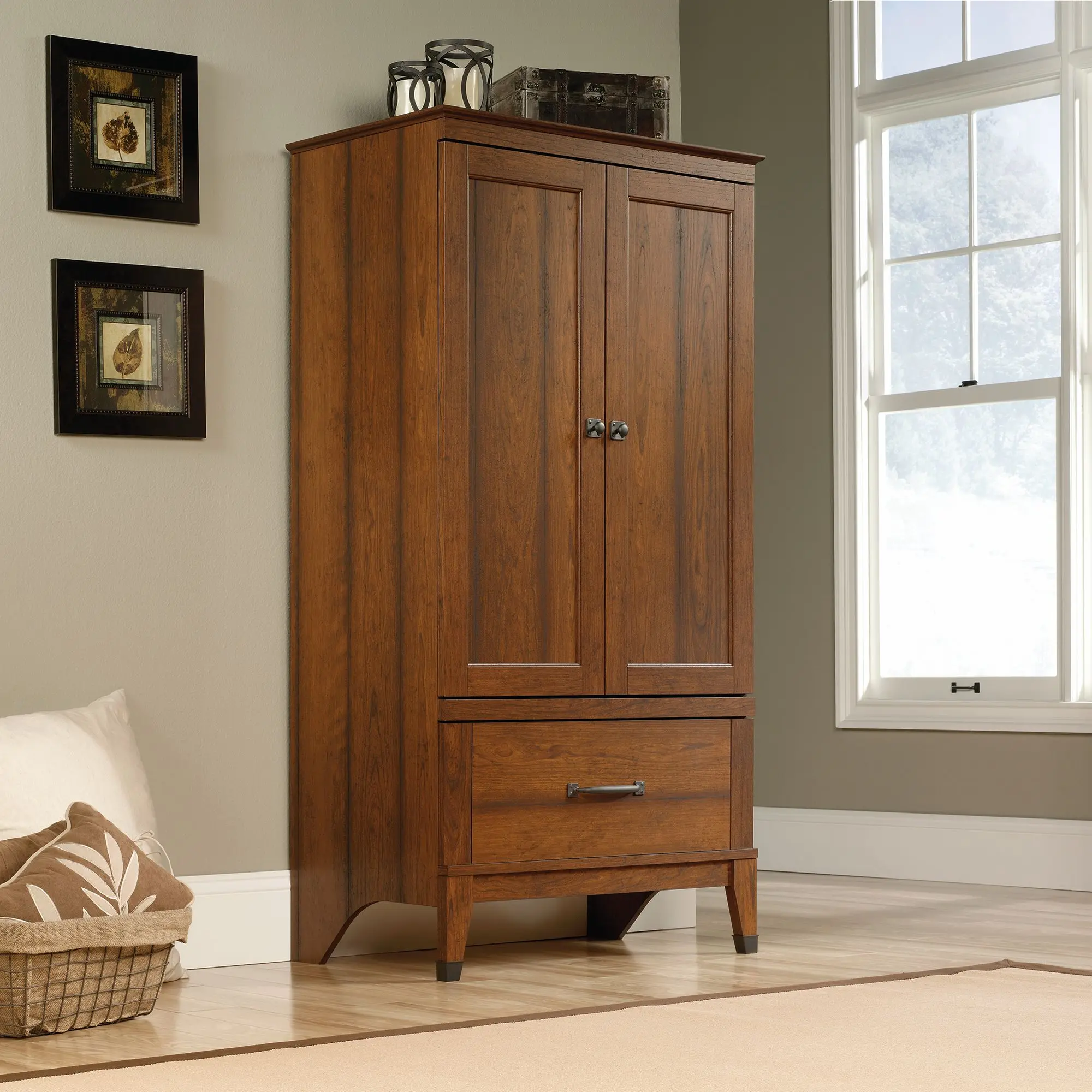 Sauder Carson Forge Wood Wardrobe Armoire - Double Doors, Garment Rack, Large Drawer with Metal Runners, Closet Storage, Bedroom Cabinet, Assembly Required (Bulky Items for Bedroom, Entryway)