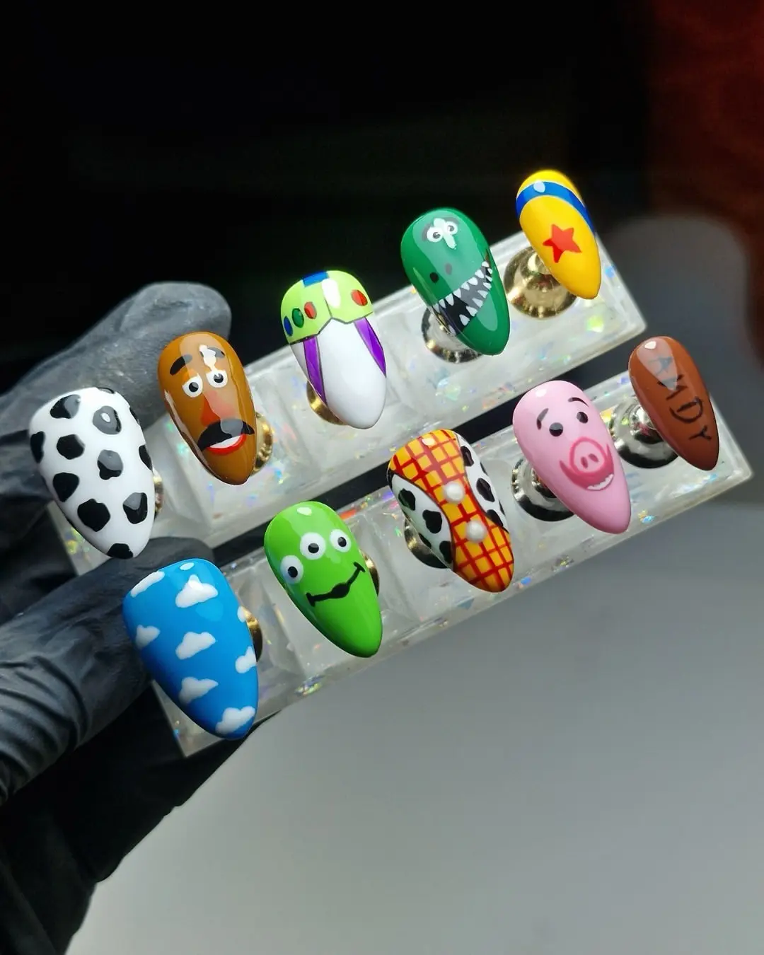 Colorful Toy Adventure Press-On Nails – Cartoon Character Nail Art, Cowboy, Space Explorer, Alien, Dinosaur and Cloud False Nail Set