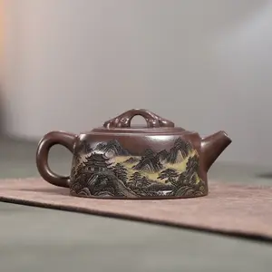 Yixing Purple Clay Teapot Old Purple Mud Master Handmade Ruyi Well Rail Color Carved High Grade Kung Fu Tea Pot Chinese Style Home Gift