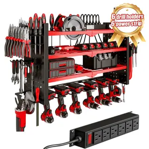 HAUSNEED-005 Tool Organizer Wall Mount with 6 Power Strip 4 Layers Storage Rack for Garage 6 Drill Holders Multicolor UL Certified Heavy Duty Compact Steel Metal