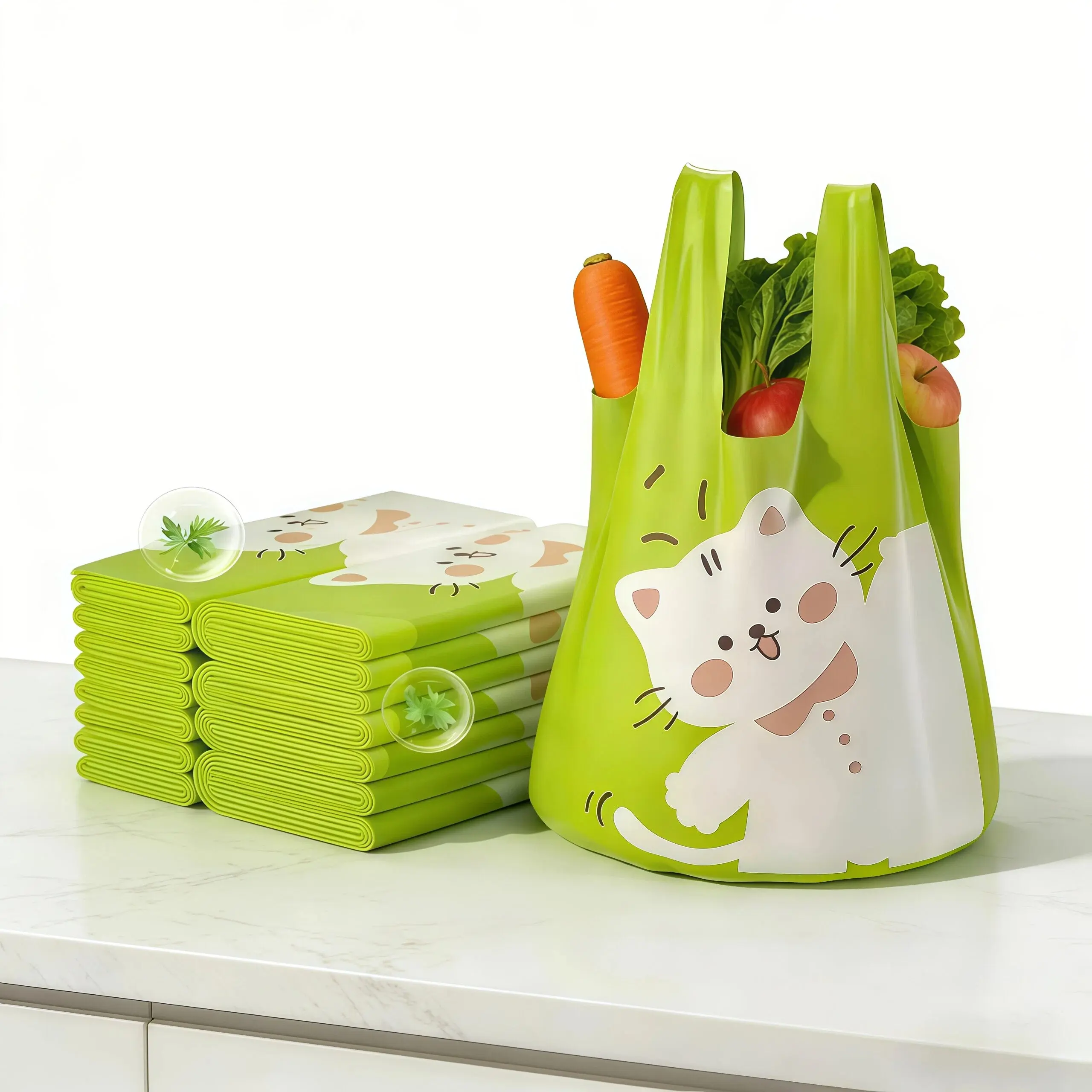 Thickened and durable hand-held mugwort scented leak-proof garbage bags, 50 rolls per pack, 20 liters/5.2 gallons large capacity, 0.1 mil. Suitable for kitchen, garden, and household use. Cartoon cat design, eco-friendly bag.