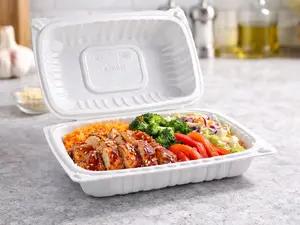 150 6inch x 9inch Rectangular One Time Use Plastic White BPA Free Food Prep Clamshell Box, Nut Container, Bento Box, Fast Food Take Out Box, BBQ Box, Portable, Stackable, Extra Thick, Microwavable, Freezer Safe, Disposable, Dish Washer Safe.