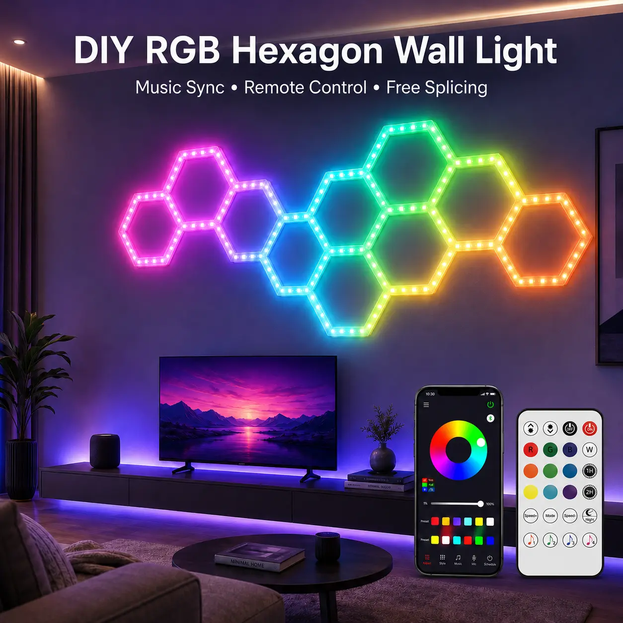 Hexagon Smart LED Wall Lamps, APP & Remote Controlled RGB Hex Light Panels, Music Sync Dimmable Color-Changing Modular Indoor Wall Lighting, Aesthetic Room Decor for Teen Boys, Ideal Gift, Home Improvement Fixture