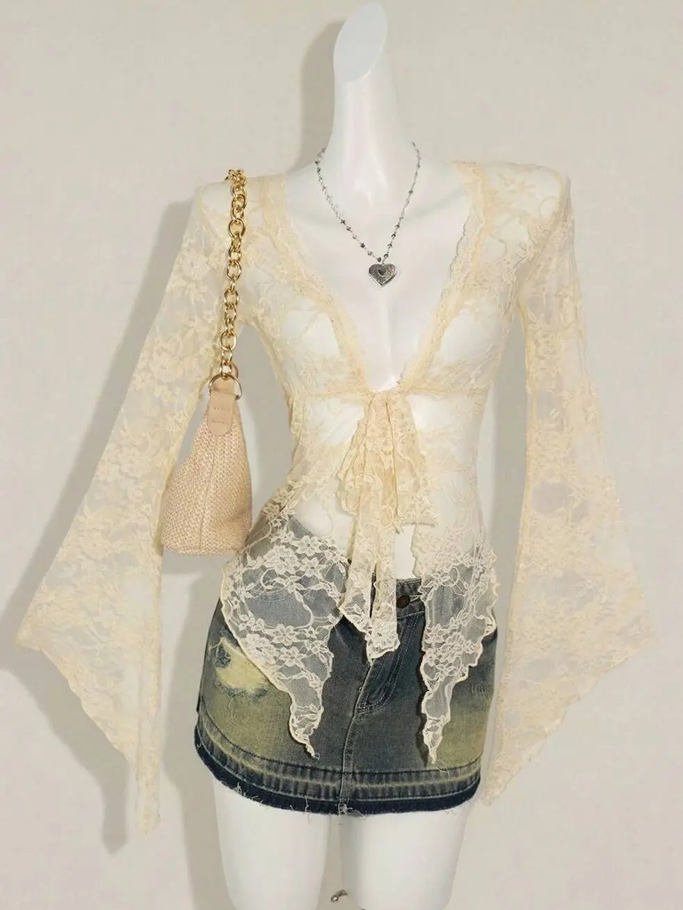 Asymmetrical Flare Sleeve Sheer Cardigan, Vintage Flocked Mesh Cover Up for Summer Layering