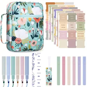 Floral Pattern Bible Cover Case Set, 15pcs/set Contains 1 Book Case & 6 Pens & 1 Alignment Guide & 1 Bookmark & 6 Sheets Tabs, Stationery Supplies, Paper Organizers, Book Accessories