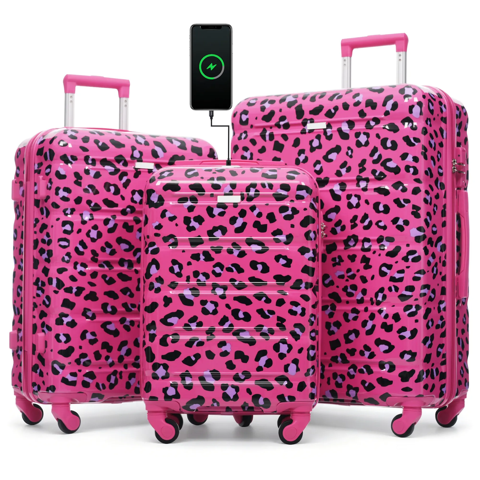 Cute Leopard Fuchsia 3-Piece Hardshell Expandable Luggage Set - Lightweight Rolling, TSA Lock, 20+24+28in Carry-On Roller, Multi-Compartment Spinner for Family Travel & School Use, Lightweight Rolling Luggage, Hardshell Luggage Sets trip