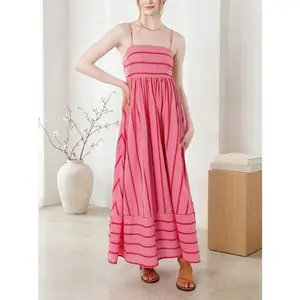 BIGWIG Women's Striped Backless Ruched Maxi Dress — A Sexy, Flowy Long Dress with Cutouts and Adjustable Spaghetti Straps; Sleeveless, Bohemian-Style A-Line Dress