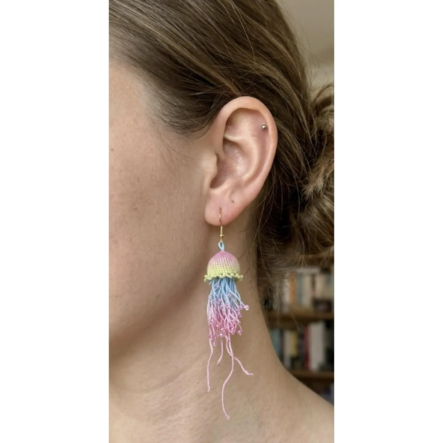Intricately Handcrafted Jellyfish Motif Earrings with Crocheted Dome Cap and Beaded Tentacles in Soft Pastel Colors