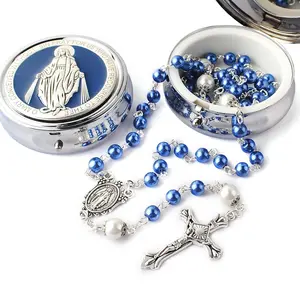 Glass Pearl Beads Catholic Rosary Necklace for Men and Women with Metal box Strong Copper Chain Crucifix