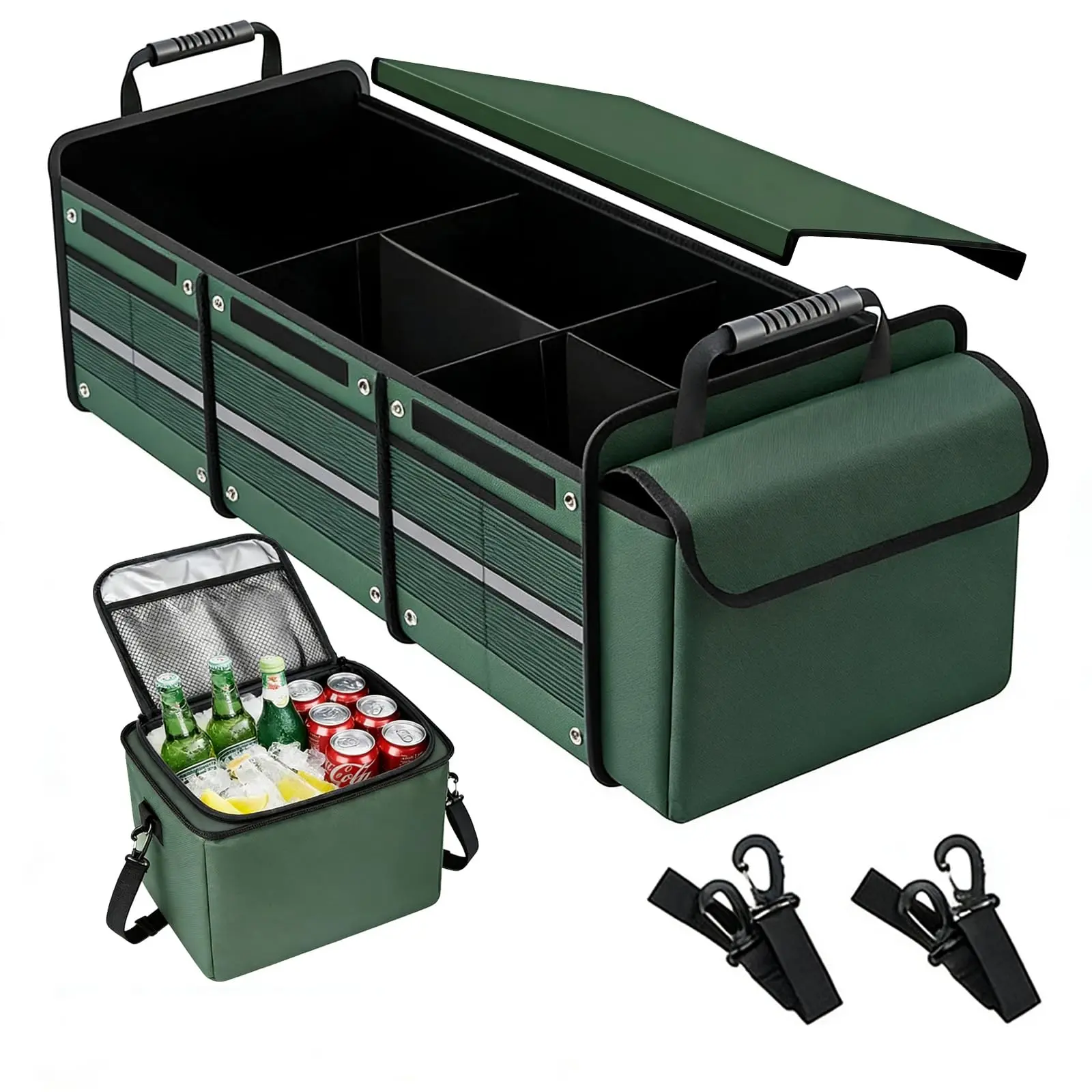 Collapsible Car Trunk Organizer with Detachable Insulated Cooler Bag, Leakproof Multiple-Pocket Auto Storage Box, Folds Flat for SUV-Truck-Van, Ideal for Road Trips Grocery Stowing