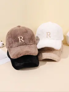 Winter Fuzzy Baseball Cap, Ultra Soft Warm Fabric, Metal C Badge, Windproof Cold Weather Headwear, 1/2pc Set