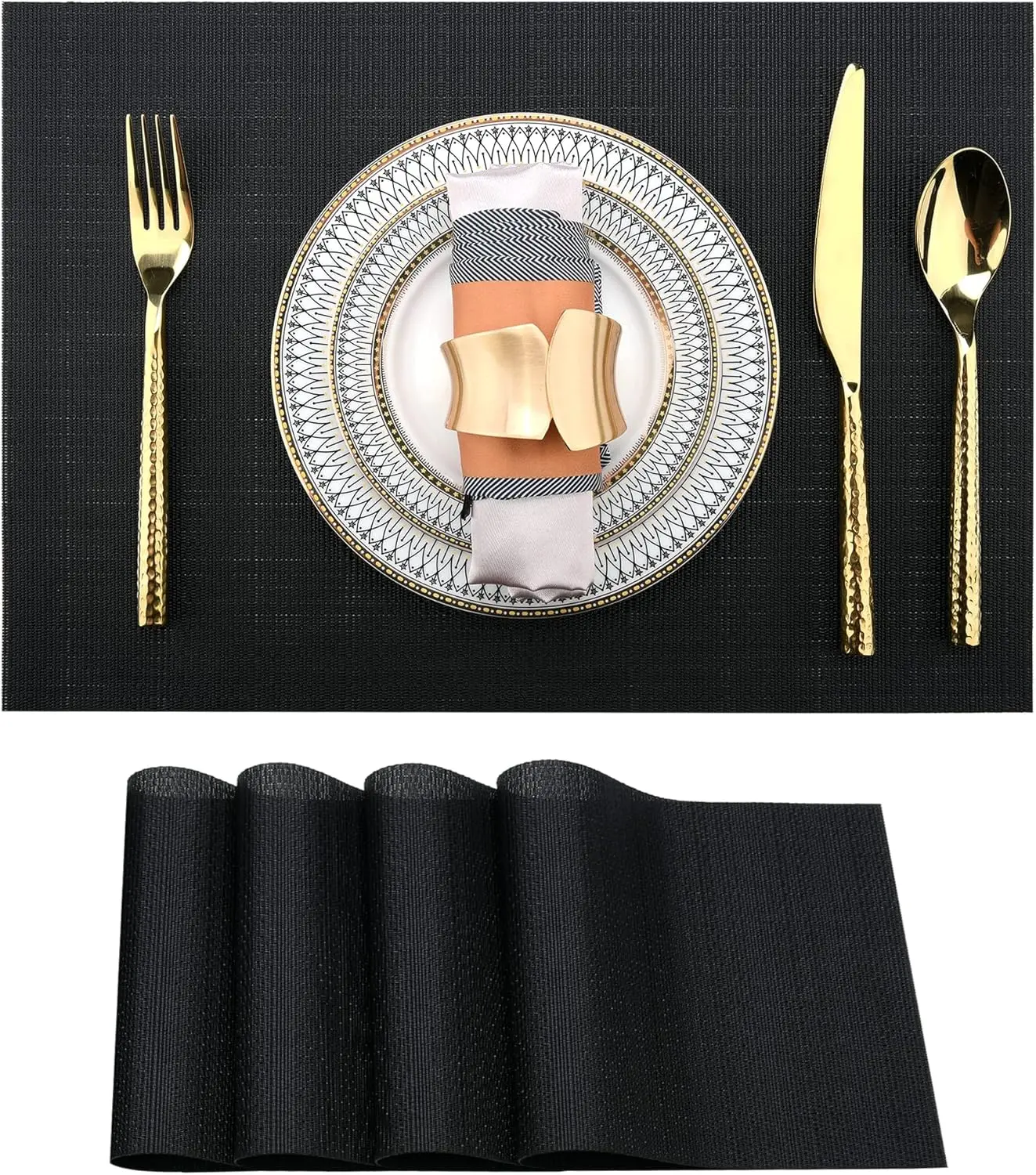Black Table Placemats Set of 4 - Easy Clean Washable Vinyl Placemats - Wipeable Heat Proof Table Mats for Dining Table - 17x12 Inch (Pure Black, 4)