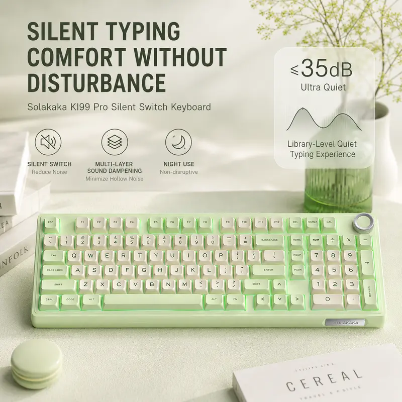 SOLAKAKA KI99 Pro Creamy Wireless Mechanical Keyboard - Noise-Reducing Layers, Quiet Hot-Swappable Switches, RGB Backlit, Gasket Structure, Flex-Cut PCB, 3-Way Built-In Long-Lasting Batteries, Avocado Green Computer Gaming Keyboard