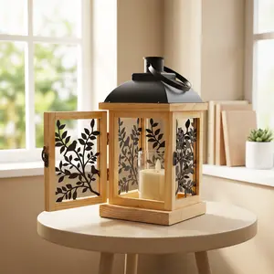 Wooden Candle Lantern for Farmhouse Decor, Rustic Wood Table Centerpiece with Leaf Cutout, Decorative Candle Holder for Dining Table Mantel Living Room Indoor Outdoor Gift