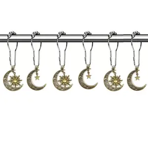 12-Piece Moon Sun Star Shower Curtain Hooks Set, Decorative Bathroom Accessories, Rolling Ball Design, Durable & Stylish Bath Hardware, Bathroom Decoration Accessories, Restroom