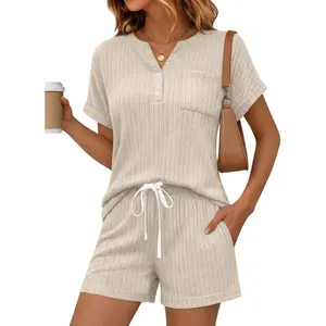 Yousify 2 Piece Short Sets for Women Summer 2026 Lounge Short Sleeve Henley Outfits Sweatsuit with Pocket
