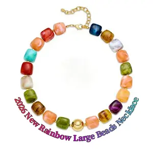 Female Chunky Statement Choker Necklace, Trendy Multicolor Large Square Resin Beads Boho Y2K Jewelry, Long Colorful Daily Accessory, Ideal Gift for Best Friend on Mother's Day Birthday