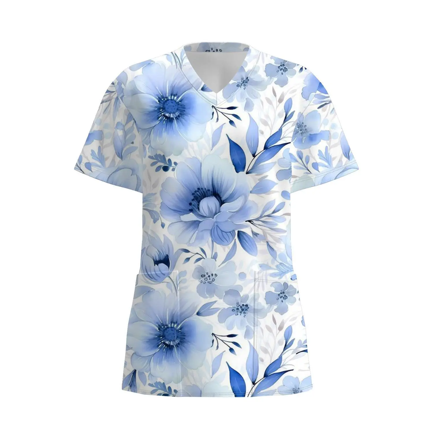 Stylish Blue Floral V-Neck Scrub Top with Multiple Pockets and Breathable Design for Nurses and Healthcare Professionals