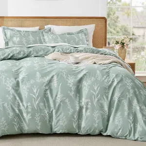 Duvet Cover Queen Size, Reversible Floral Green Set with Zipper Closure, 3 Pieces Botanical Patterns Soft Microfiber Bedding 4 Ties (90"x90", 2 Pillow Cases)