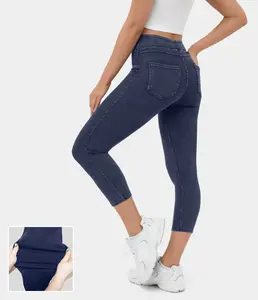 Halara Flex High Waisted Back Side Pocket Stretchy Knit Denim Capri Casual Leggings