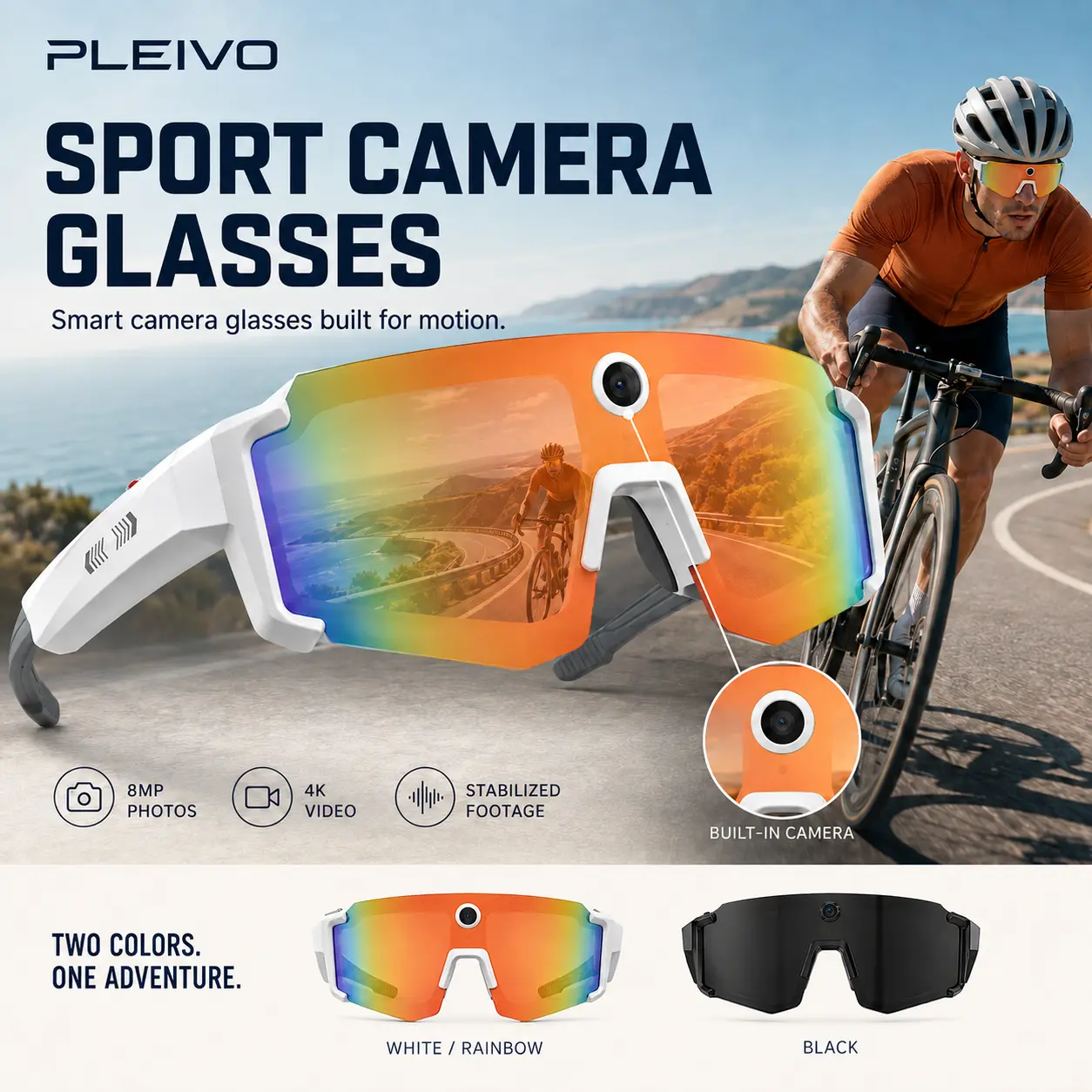 PLEIVO Smart Camera Glasses - Hands-Free POV HD Recording Sports Sunglasses with Open-Ear Audio, Bluetooth Calls, for Outdoor Adventures, Daily Wear, Tech Gift for Men