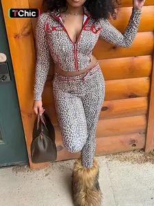 Women's Leopard Print Long Pants 2 Piecs Set, Fashion Long Sleeve Patchwork Zipper Crop Top + Skinny Pants Suit,Street Casual, Sporty Style, Lady Clothing for  Fall Winter Womenswear