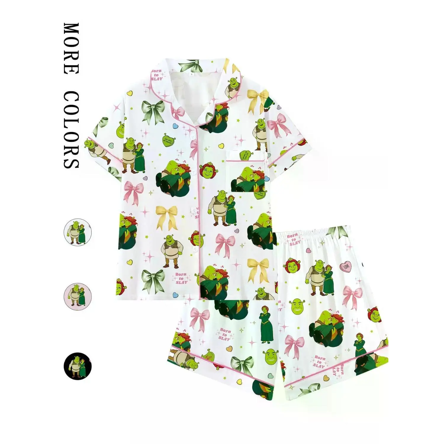 Shrek Cartoon Bow Collar Short Sleeve Pajama Set - Cute & Comfy Sleepwear for All Seasons, Princess Fiona Gift, Loose-Fit Loungewear